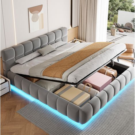 Cama tapizada 180/200 cm gris de terciopelo con LED y arcón hidráulico (1/5)