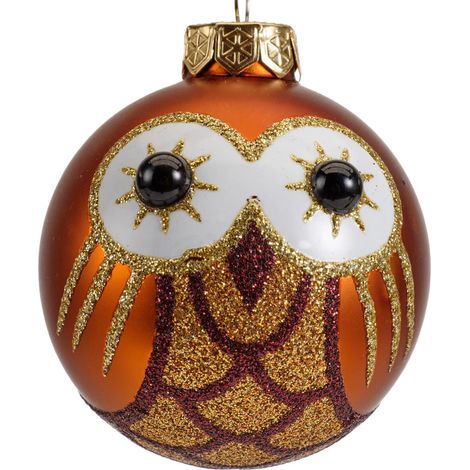 Kaemingk – Boule de Noël chouette – Brun orangé mat et doré pailleté, verre, Ø 6 cm