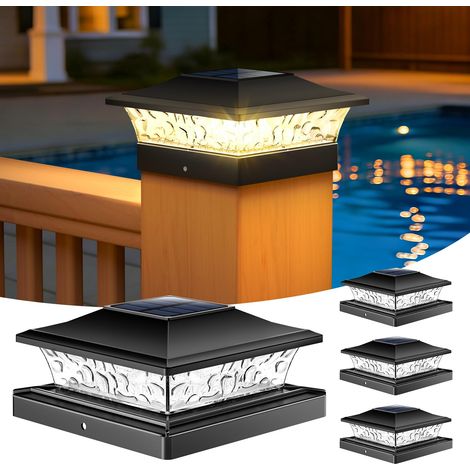 Pfostenkappenleuchten, 4er-Pack, verbesserte Solarleuchten für 4x4- und 5x5-Zoll-Holz-/Vinylpfosten, IP65 wasserdicht, 10–12 Stunden warmweißes/kaltweißes Licht für Garten, Terrasse und Veranda – Schw