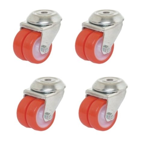 Lot roulettes OEIL JUMELÉE pivotantes polyuréthane ROUGE 50 mm - 420 Kg (1/2)