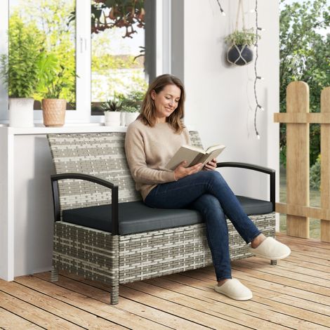 Banc jardin rangement Banc 2 places coussins Barres maintien 125L Rotin poly - Dimensions: 123x70x82 cm - Couleur: Gris foncé