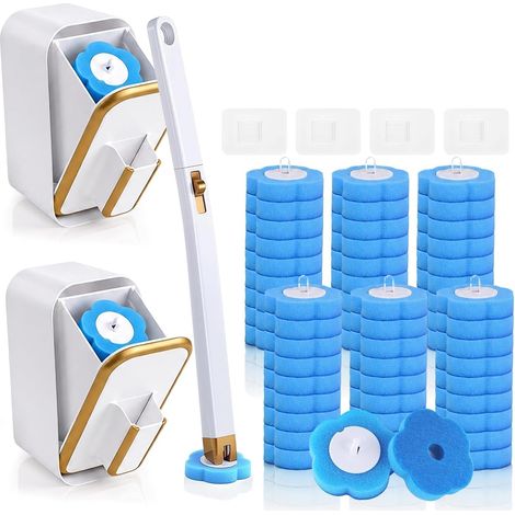 Brosse WC jetable, kit de baguette de toilette avec 60 recharges et 2 boîtes de rangement, système de nettoyage de toilettes jetable pour nettoyage de salle de bain, nettoyage de baignoire, évier (1/5)
