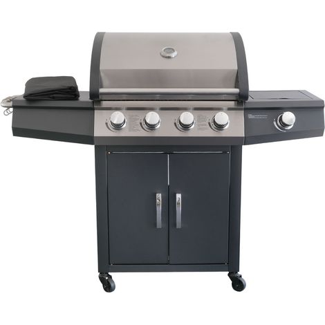 Barbecue à gaz 4 brûleurs PIRETTO – Brûleur latéral pour sauces – Grilles en acier émaillé – Chariot avec rangement et roues – Jardideco (1/5)