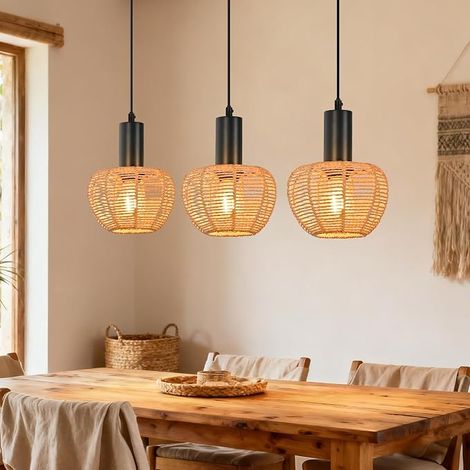 ZMH Suspension Boho Rotin 3 Éclairages Traditionnel Tressée Corde de Lin E27 Sans Lampe Pour Salle à Manger Chambre (1/5)