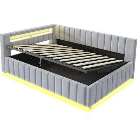 Cama canapé tapizada 140x200 cm de terciopelo gris claro con LED, USB y somier de lamas (1/5)