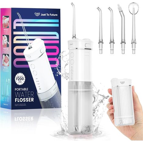 Hydropulseur Jet Dentaire Portable Mini, Électrique Voyage Irrigateur Oral Detartreur Avec 5 Buses Rechange, 4 Modes Water Flosser, 230 ML Réservoir D'eau Escamotable, IPX7 Étanche(Blanc) (1/5)