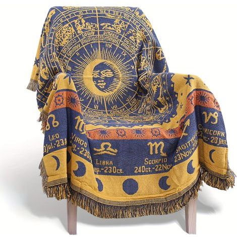 Plaid Bohemio Reversible – Motivo de Astrología y Constelaciones con Flecos (1/3)