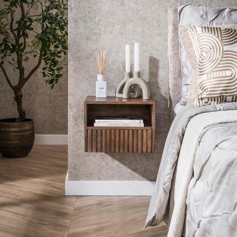 Table de chevet murale bois brun, tiroir & niche NAKO (1/5)