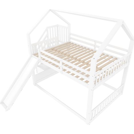 Lit superposé avec toboggan et escalier, lit cabane enfant 140x200 avec rangement, lit enfant blanc avec barrière de sécurité (1/5)