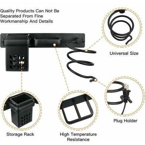 VURAHOME - Sèche-Cheveux Salle De Bain Rangement Porte Accessoires Support Organisateur Ensemble Et Lisseur Accessoire Mural Professionnel en Aluminium pour,D'étagère avec Trous pour Argenté Noir Cise (1/4)