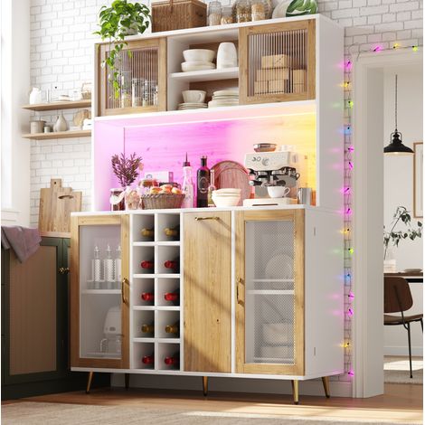 Buffetschrank MDF Weiß mit Holzdekor 120x40x170 cm, mit 4 Schränken, Schublade, Weinregal, LED-Licht und Steckdose (1/5)