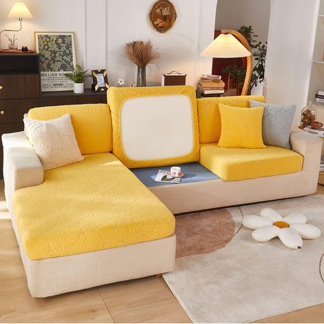Universal wear-resistant, stretchable, non-slip L-shaped sofa cushion cover for chaise lounge (blue leaves) (1/5)