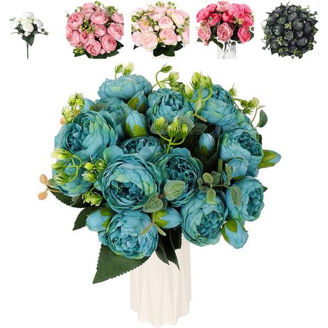 Vente flash de bouquets de roses et pivoines artificielles  Bouquets de roses et pivoines bleues artificielles, fleurs artificielles en promotion 