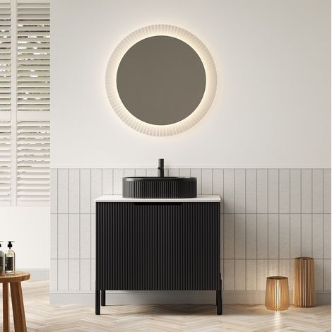 Waschtisch mit Keramikbecken, MDF und gesintertem Stein, Schwarz, 76 cm, freistehend mit 2 Türen (1/5)