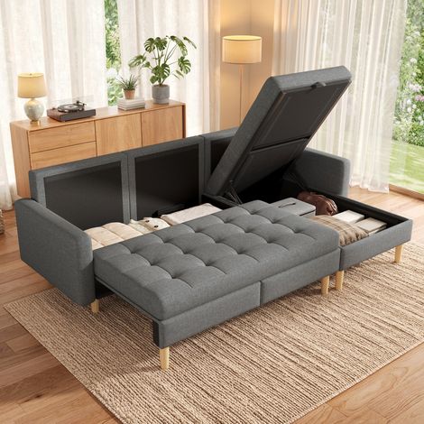 Sofá esquinero L con almacenamiento (212x130x86 cm), chaise longue reversible, tapizado gris (1/5)