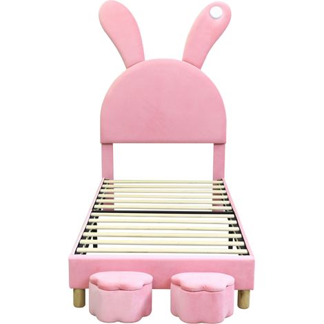 Cama 90x200 de terciopelo rosa con 2 baúles, LED, orejas de conejo y somier (1/5)