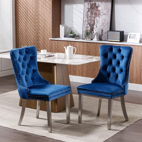 Esszimmerstühle 2er Set, Samt blau, hohe Rückenlehne, Edelstahlbeine (1/5)