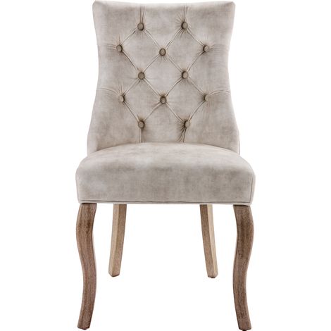 Lot de 2 chaises de salle à manger en velours beige, dossier haut capitonné, pieds bois massif, design moderne