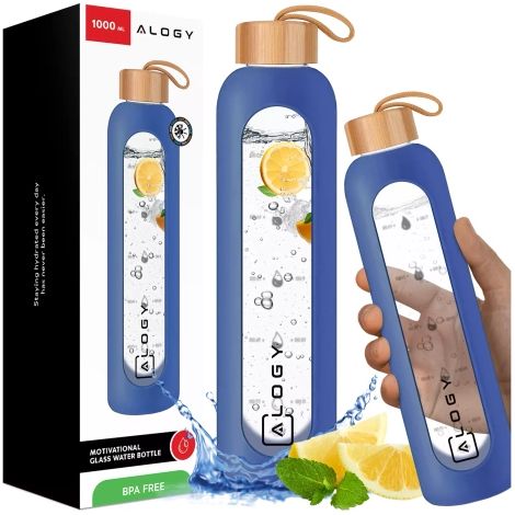 Botella de vidrio grande Alogy para bebidas, vaso medidor motivacional, 1 L, 1000 ml, funda de silicona, azul (1/5)