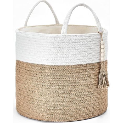 Panier de rangement tressé, chanvre jaune et blanc, 1 pièce, 282828cm, décoré de corde naturelle, pour le salon et la décoration intérieure (1/5)