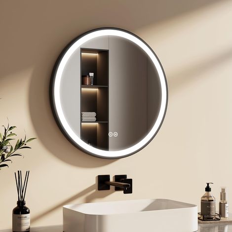 Miroir de Salle de Bain Rond Noir 60 cm LED avec Interrupteur Tactile + 3 Couleurs de lumière 3H arrêt Automatique pour économiser de l'énergie (1/5)