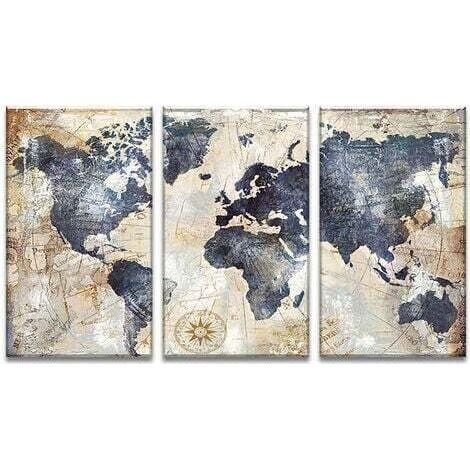 Impression sur toile intissee Carte du monde tableau 3 parties tableaux decoration murale photo 3060 CM (1/5)