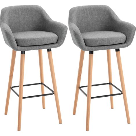 Set of 2 Bar Stools Modern Upholstered Seat Bar Chairs w/ Metal Frame, Solid Wood Legs Living Room Dining Room Fabric Furniture - Grey