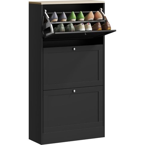 Scarpiera Salvaspazio a 3 Cassetti con Ripiani Regolabili su 2 Livelli, in Legno, 60x23.5x115 cm, Nero (1/5)