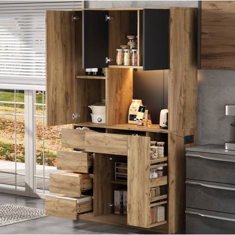 MODFU – Credenza cucina 185x105x40 cm in MDF con LED multicolore, USB Type-C, portabottiglie e carico 30 kg – Nero/naturale (1/5)