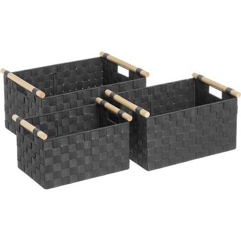 Panier de rangement - JUANIO - Lot de 3 - Tressé - Polypropylène - Gris foncé (1/4)