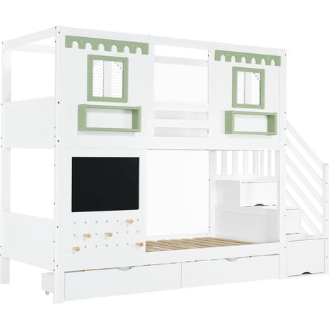Cama litera infantil 90x200 cm con escalera de almacenaje, cajones y pizarra (1/5)