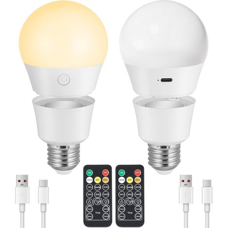 Ampoule LED Rechargeable Avec Télécommande, 7W Ampoule Connectée E27, 3 Couleur Dimmable Ampoules à Batterie, Timing, Magnétique Détachable LED Ampoules Sans Fil Pour Lampes, Urgence, 2Pcs (1/5)