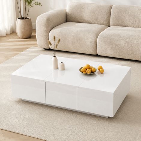 Table basse blanc laqué avec rangement push-pull et tiroirs 100 x 50 x 31 cm HAVRYA (1/5)