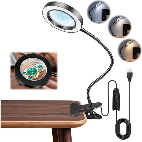 Lampe Loupe 10X avec Pince et Câble USB, 5 Couleur 10 Luminosité, Loupe Lampe Pince à Led avec Bras Réglable pour Soudure Petit Bricolage Couture Creation de Bijoux Lecture, Noire [Classe énergétique (1/5)