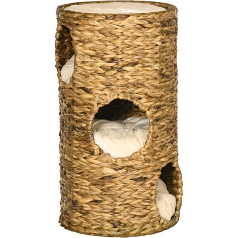 Cuccia per gatti a tre livelli e tre ingressi, dal design bohémien, con cuscini inclusi, 40 cm x 40 cm x 73 cm, marrone chiaro + bianco sporco, spedizione dal sito. (1/5)