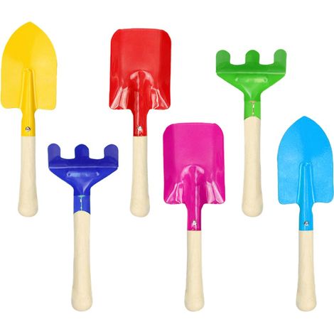 Ensemble d'outils de jardin pour enfants 6 pièces avec pelle, râteau et bêche en métal et bois pour jardin, balcon, terrasse et bac à sable (1/4)