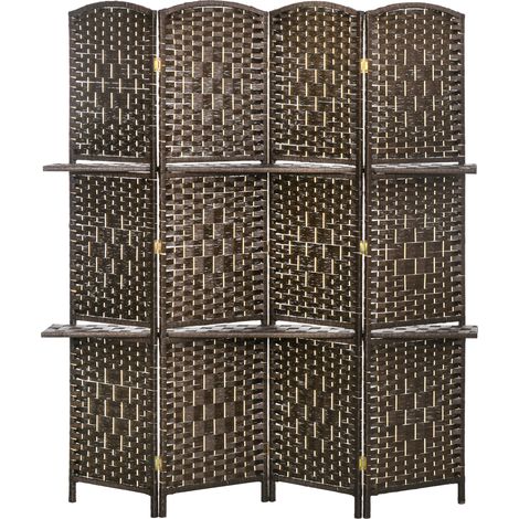 Paravent 4 Panneaux 160x170 cm avec 2 Étagères, Séparateur d'Ambiance Pliable Marron