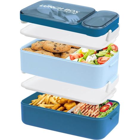 Lunchboxen – Lunchbox für Erwachsene – Lunchbox für Kinder – Lunchbox mit Fächern – große 2-stöckige Box – rosa – 1600 ml – geeignet für Arbeit und Schule – blau