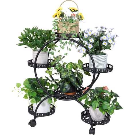Unho – Etagère à fleurs en fer noir 6 tablettes 4 niveaux – Support pour pots jusqu'à 8 kg – Dimensions 72,5x32,5x78,5 cm – Pour balcon, maison, bureau (1/5)