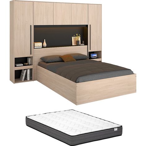 Letto contenitore 140 x 190 cm con ponte letto Con LED Naturale e nero + Materasso - VELONA (1/5)