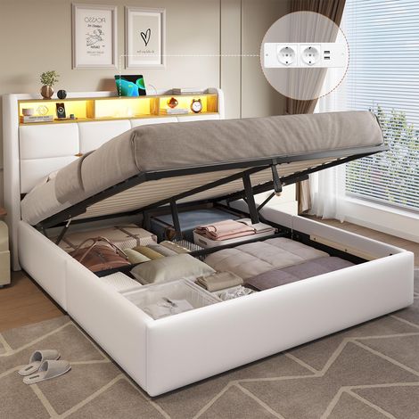 Lit Coffre 160x200 avec Lumières LED et Prise,Lit 160x200 avec Sommier à Lattes et Rangement Hydraulique,Lits 2 Personnes en Lin avec Rangement Tête de lit,Lits 2 Places,Blanc-sans Matelas (1/5)