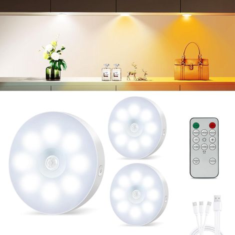 Lampe Detecteur de Mouvement Interieur Rechargeable USB,Lot de 3Lampe de Placard sans fil,Luminosité Réglable avec 3 Couleurs,veilleuse led avec Télécommandes Pour chambre,Cuisine,Escalier Couloir [Cl (1/5)
