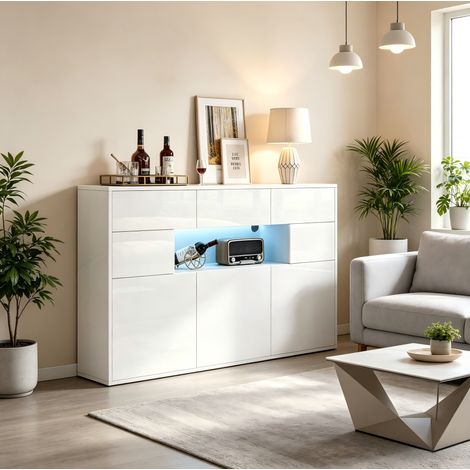 Credenza da soggiorno 140x30x82 cm, 3 cassetti, 5 armadi, luce LED, finitura lucida, MDF, bianco (1/5)