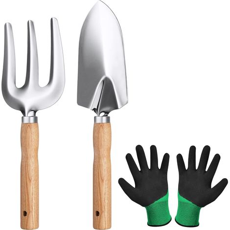 Outils de Jardinage, Ensemble d'outils de Jardin, 3pcs Garden Tool Set, Outil de Jardin Manche en Bois pour Jardinage Plantes Intérieur Extérieur avec Une Pelle Fourchette et Paire de Gants