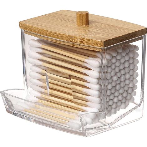 2-teilige Wattestäbchenbox, Wattestäbchen-Aufbewahrung, Wattestäbchen-Spender, Wattestäbchenhalter aus Acryl mit Bambusdeckel, Baumwoll-Aufbewahrungsbox für Schlafzimmer und Badezimmer