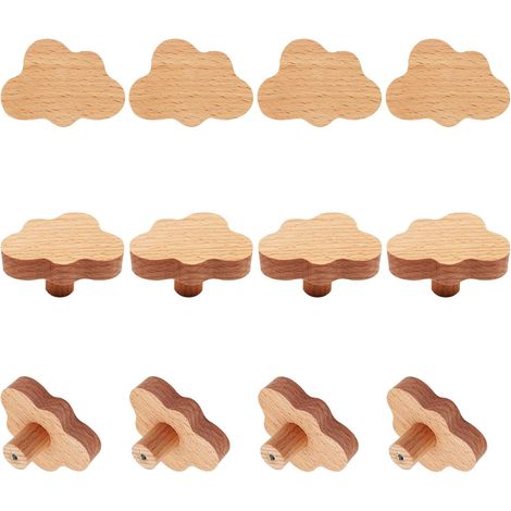 Griffe – 12er-Set – Holz – 6 x 4,1 x 3,2 cm – Wolkenmotiv – Für Kinderzimmer, Kleiderschränke, Küchenschränke etc. – Inkl. Schrauben – Kompakte Griffe – Tür- und Schubladengriffe