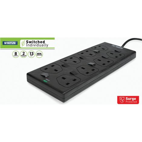 8-Gang Individually Switched Extension Lead 240V 2M Black