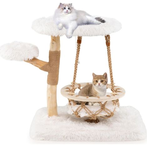 GOPLUS Arbre a Chat 66 CM, Arbre à Chat 3 Niveaux en Bois de Poirier, Couchage et Mobilier pour Chaton avec Griffoir Jute, Niche Suspendu et Coussin en Peluche Amovible & Lavable, Beige (Hauteur 66CM) (1/5)