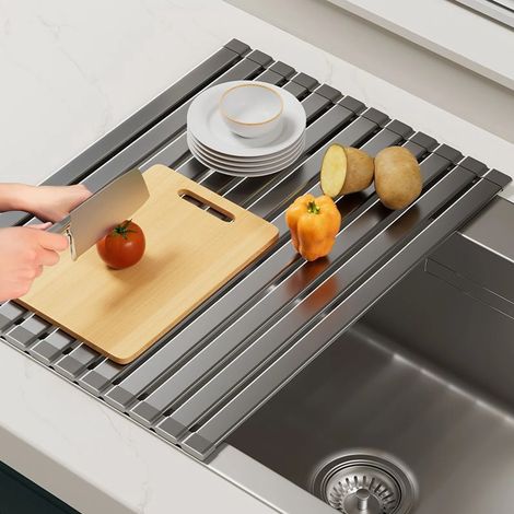 Égouttoir pliable, 45 x 30 cm, gris, robuste et durable. Rangement gain de place pour évier (1/5)