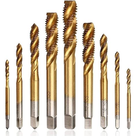 Kit de 9Pcs Tarauds à Vis Cannelés Spirale en HSS, Tarauds à Goujure Hélicoïdale Assortiment M2 M2.5 M3 M4 M5 M6 M8 M10 M12 Outil de Taraudage de Filetage en Acier Rapide Revêtement Titane (1/5)